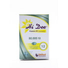Box of Hi Dee 50000 iu Vitamin D3 12 capsules with United Pharmaceuticals branding on a white background | health boutique 