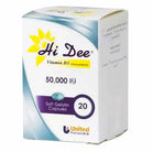 Box of Hi Dee 50000 iu Vitamin D3 capsules with United Pharmaceuticals branding on a white background | health boutique 