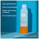 ISDIN Transparent Spray Wet Skin SPF 50+ 250ml broad spectrum sunscreen spray vitamin E ginger extract Health Boutique