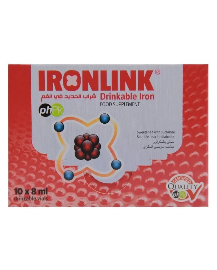 Ironlink® أمبولات للبالغين 10 × 8 مل – حديد سائل لعلاج نقص الحديد ودعم الطاقة