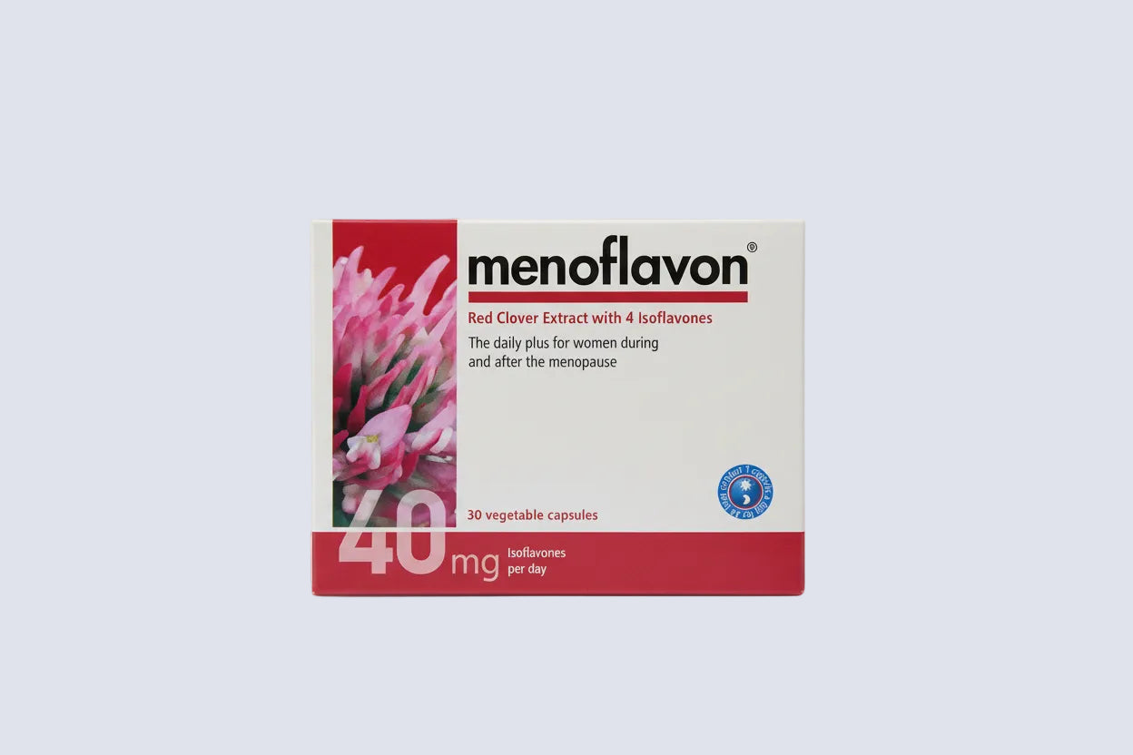 Menoflavon capsules red clover isoflavones calcium vitamin D3 menopause support hot flashes bone health women supplement Health Boutique