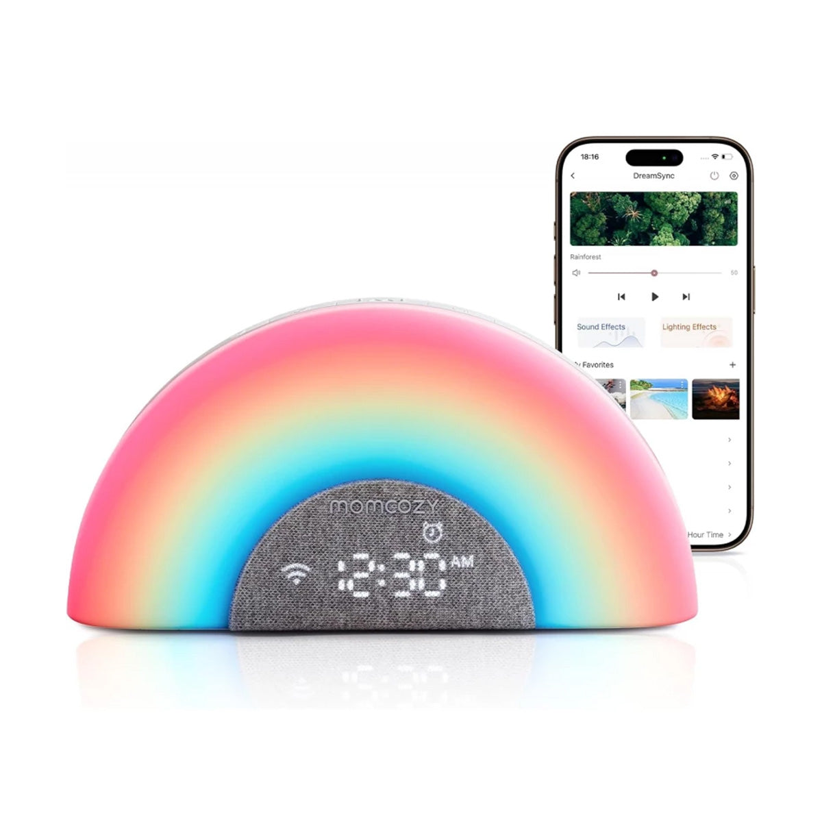 Momcozy DreamSync Smart Baby Sound Machine with Rainbow Night Light and App Control