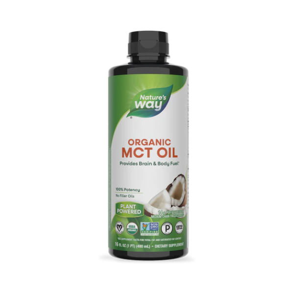 Nature’s Way Organic MCT Oil 480 ml – coconut-derived medium-chain triglyceride oil for clean energy and fullness, available at HealthBoutiqueJo.com.