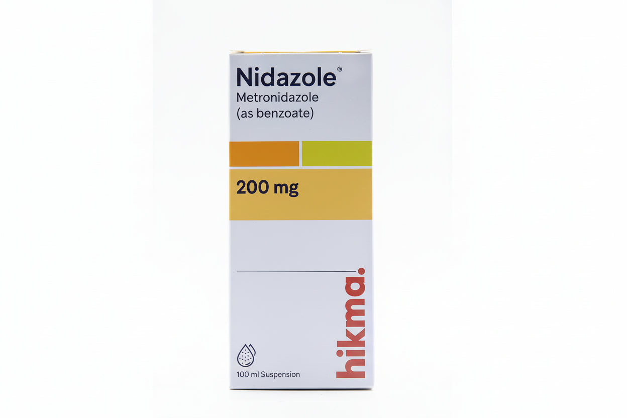 Nidazole metronidazole 200 mg per 5 ml oral antibacterial antiprotozoal suspension 100 ml bottle Health Boutique