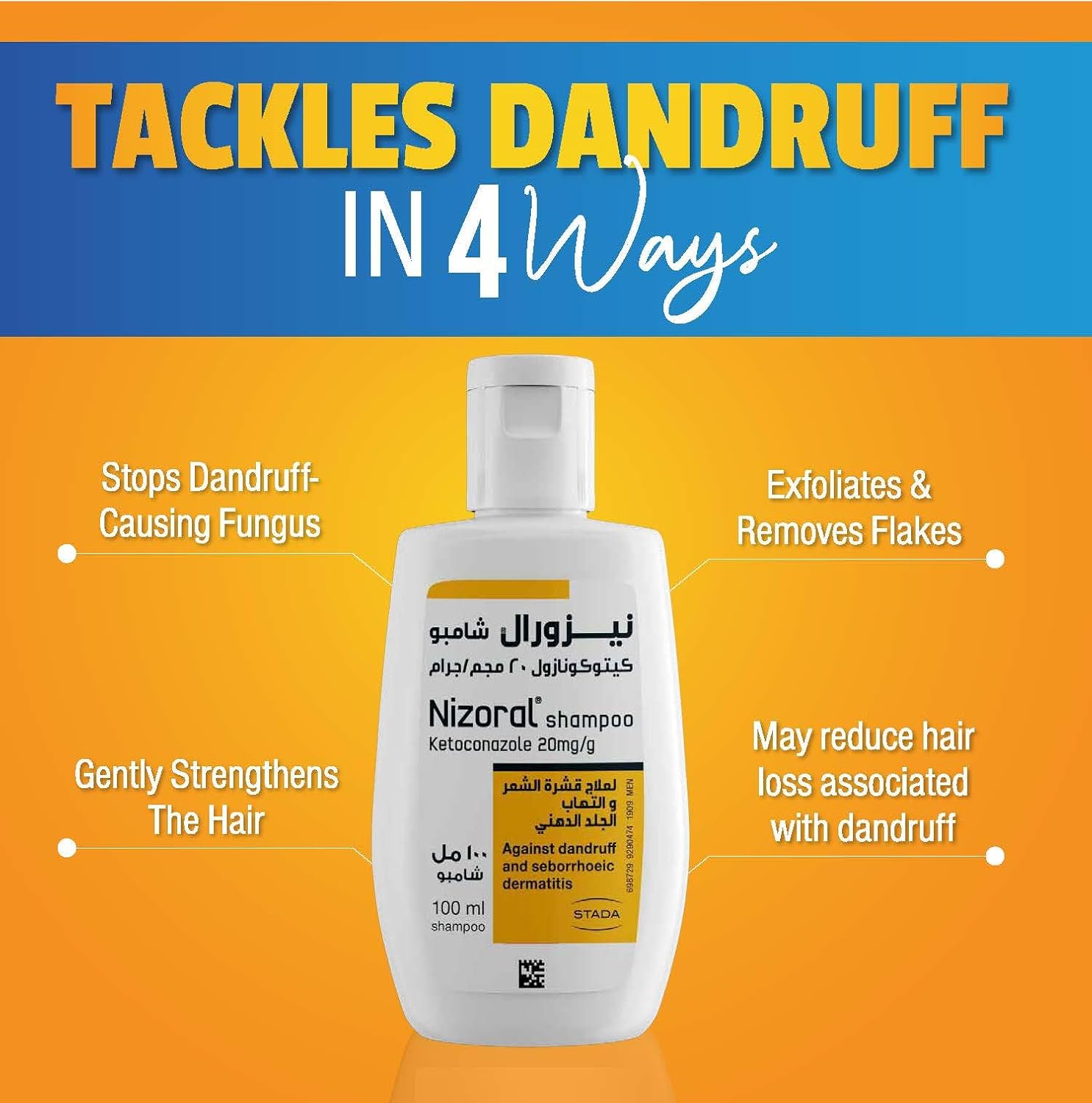 Nizoral shampoo bottle with text highlighting dandruff-fighting benefits on a blue and orange background - health boutique