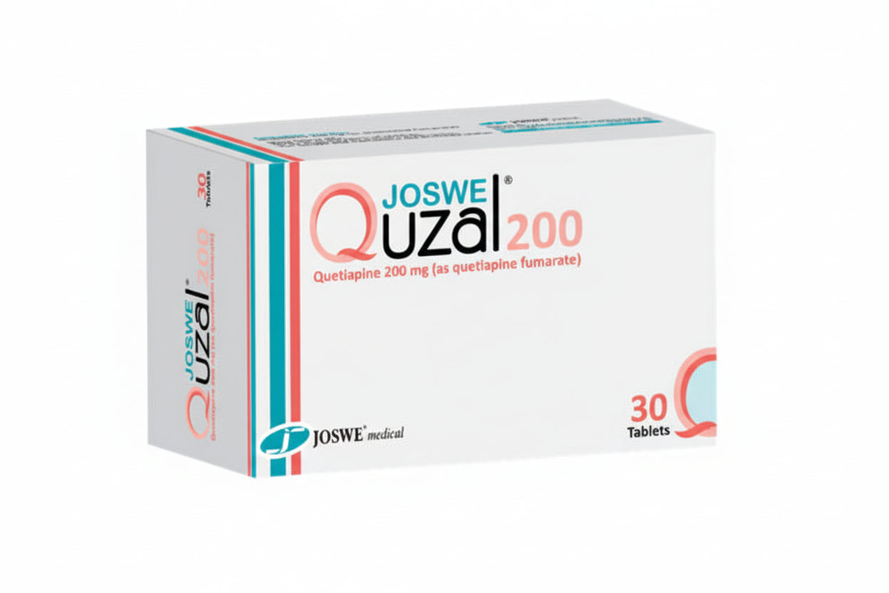 Quzal 200mg Quetiapine 30 tablets box and blister pharmaceutical product Health Boutique