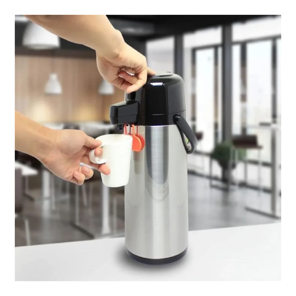 Thermos TPP-2200 2.2 Liter satin stainless steel glass vacuum insulated pump pot push button dispenser Health Boutique