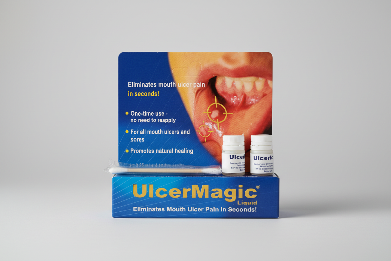 سائل UlcerMagic® (2 × 0.25 مل) + مسحة قطنية (4) – علاج قرحة الفم سائل UlcerMagic® (2 × 0.25 مل) + مسحة قطنية (4) – علاج قرحة الفم