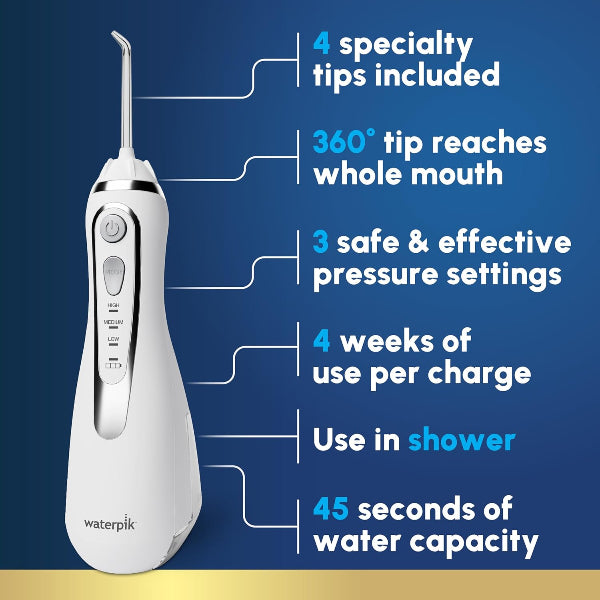 Waterpik Cordless Advanced 2.0 WP-580 White – rechargeable portable water flosser with 4 tips and travel bag, available at HealthBoutiqueJo.com.