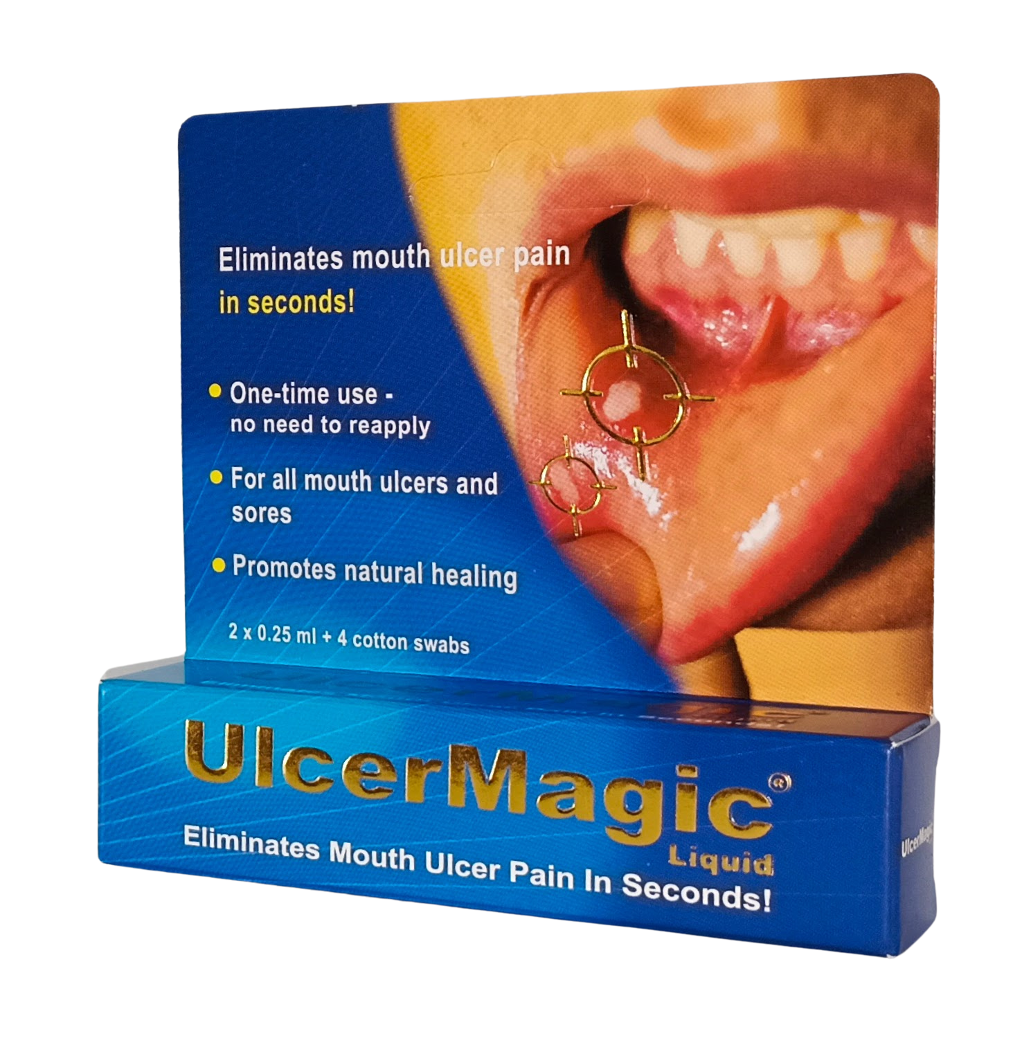 Box of UlcerMagic Liquid for mouth ulcer pain relief with a close-up of a mouth on a blue background.